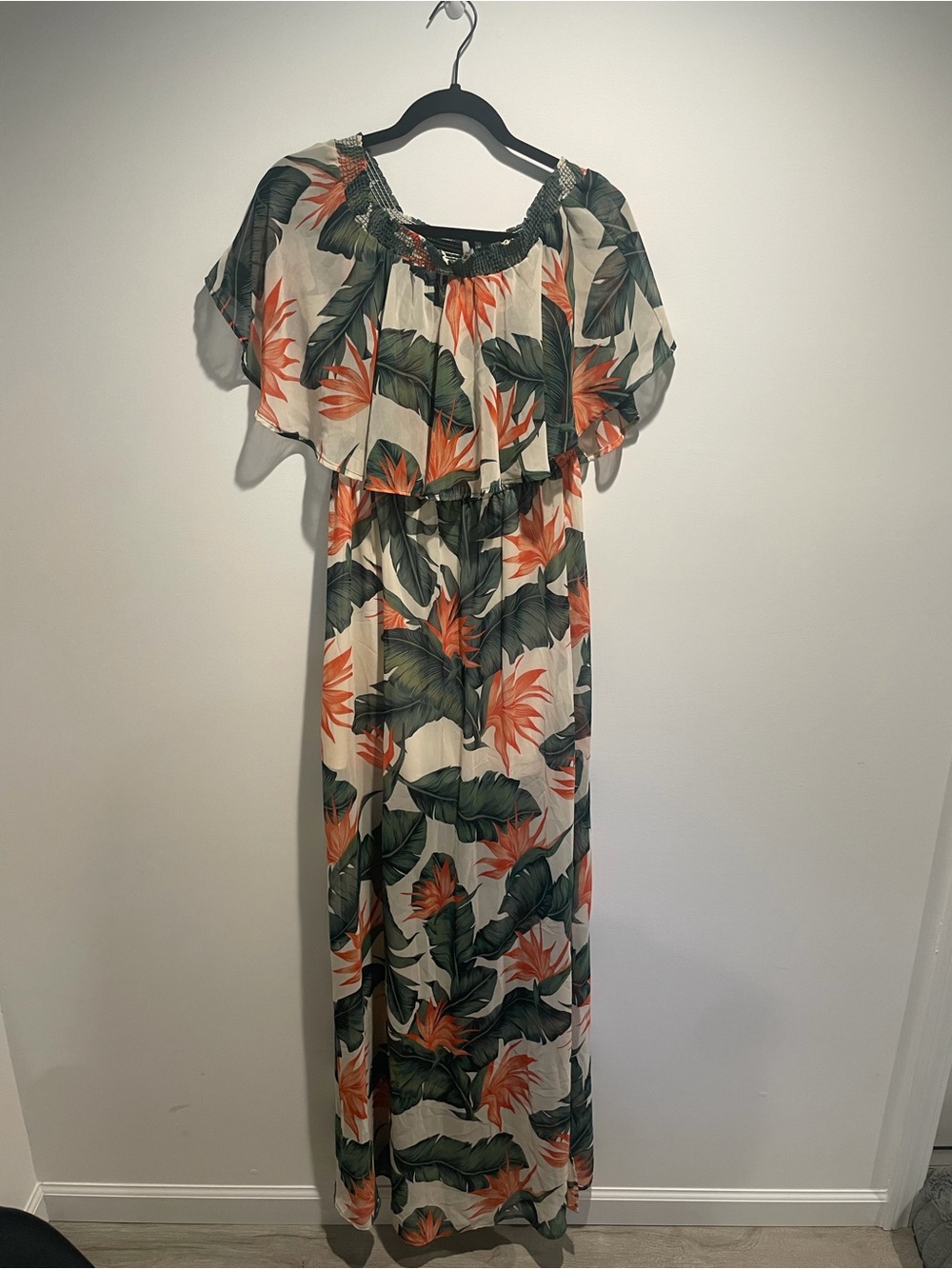 Show Me Your MuMu Off-Shoulder Tropical Maxi Dress in Ivory, Green & Coral